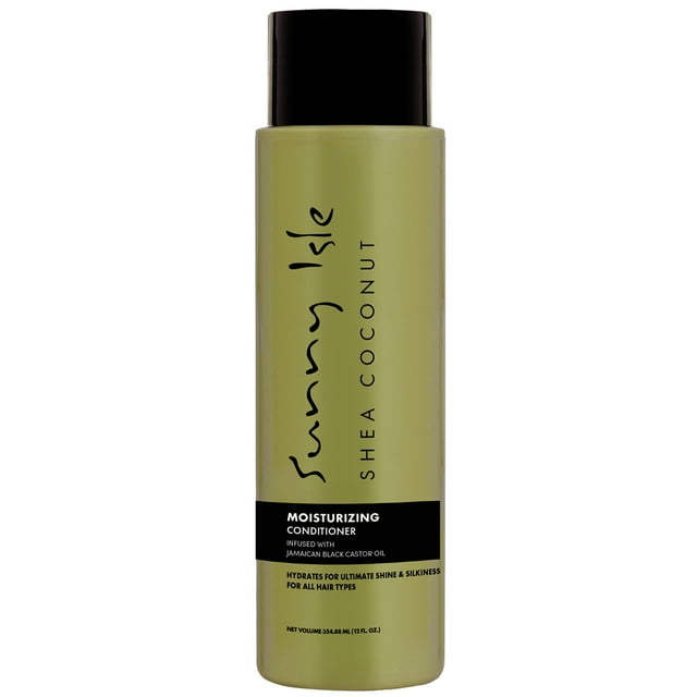 Sunny Isle Shea Coconut Moisturizing Conditioner, 12 fl oz bottle with a sleek light green design and black cap. A personal care product enriched with Jamaican Black Castor Oil, Shea, and Coconut Oil to hydrate and soften thick, dry hair, enhance natural curls, and eliminate frizz.