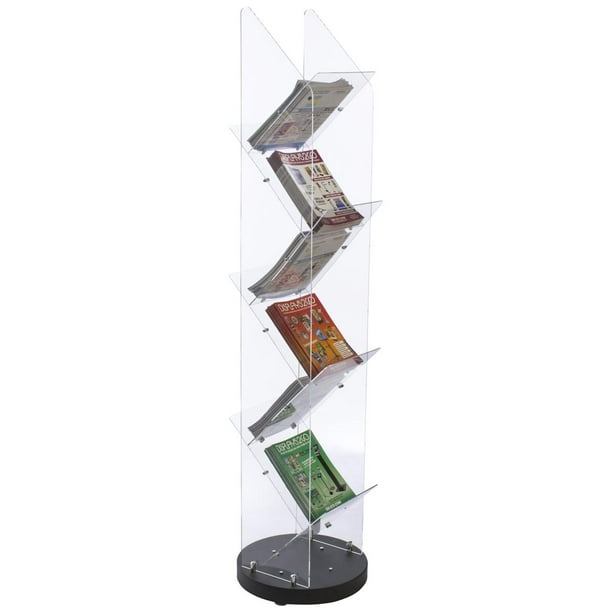 Floor Standing Magazine Rack, 6 Pockets, Rotating Base (Clear Acrylic