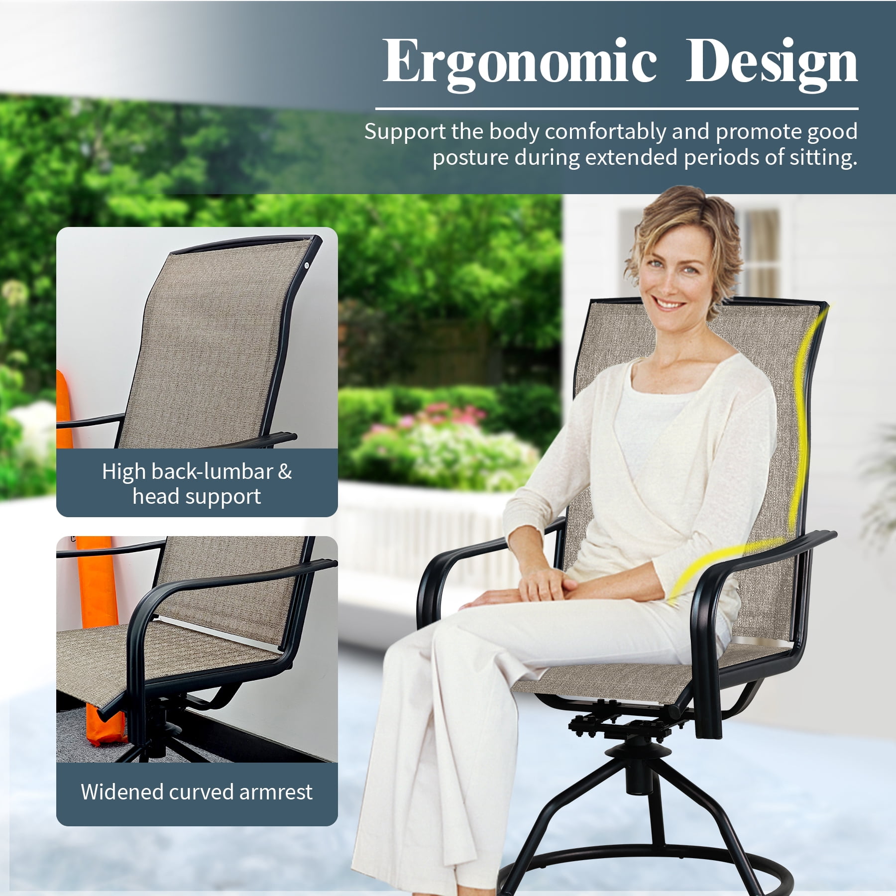 Set of 2 Patio Swivel Dining Chairs: 360° Rotating & 15° Rocking Motion, Ergonomic High-Back with All-Weather Textilene Fabric & Iron Frame for Backyard, Poolside, Porch & Garden