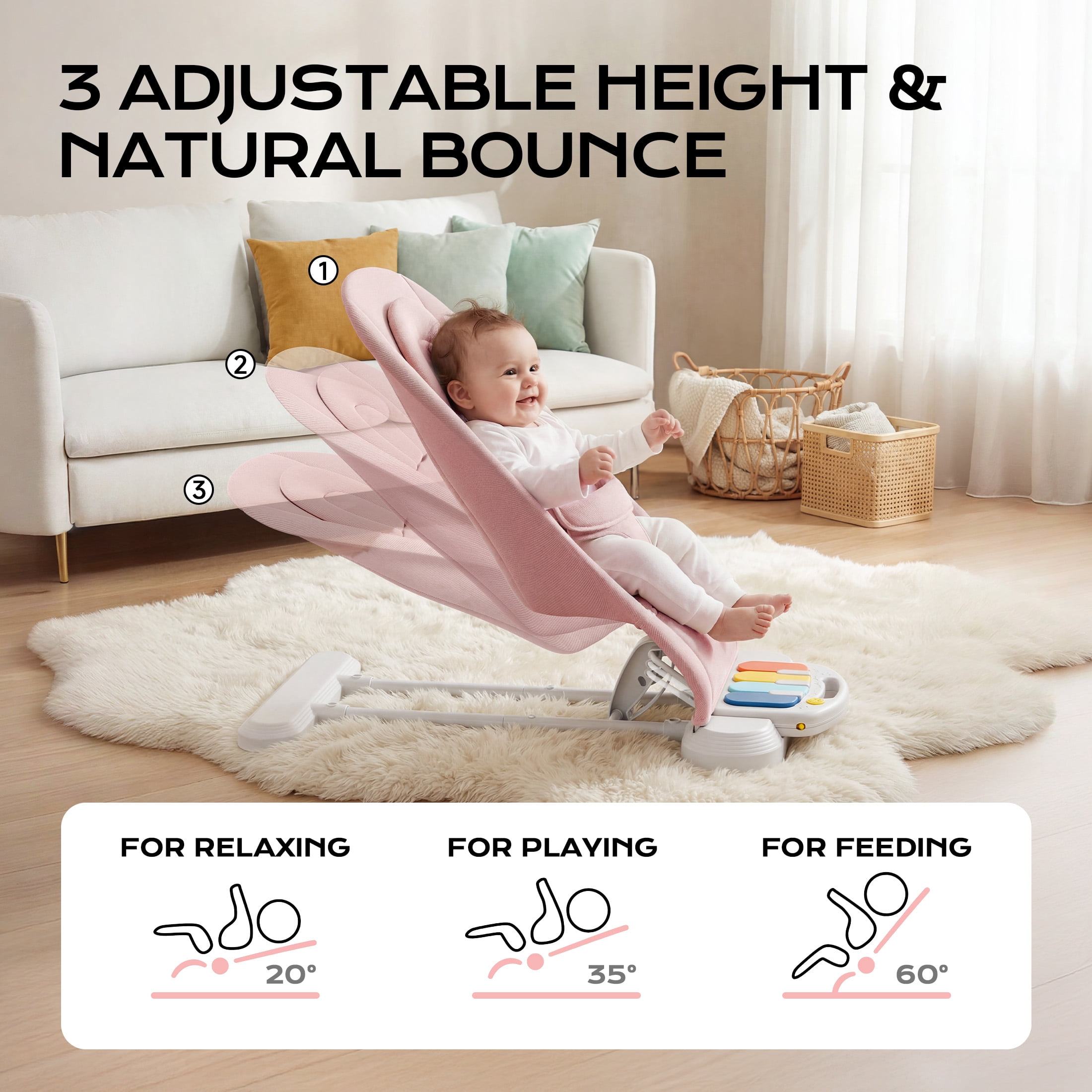 Babyomi 4 in 1 Baby Bouncer, 3-Level Recline Foldable Rocker for Infant to Toddler 0-6 with Detachable Pianos, Feeding Tray and Play Bar 12-24 Months, Girls and Boys Gift, Pink