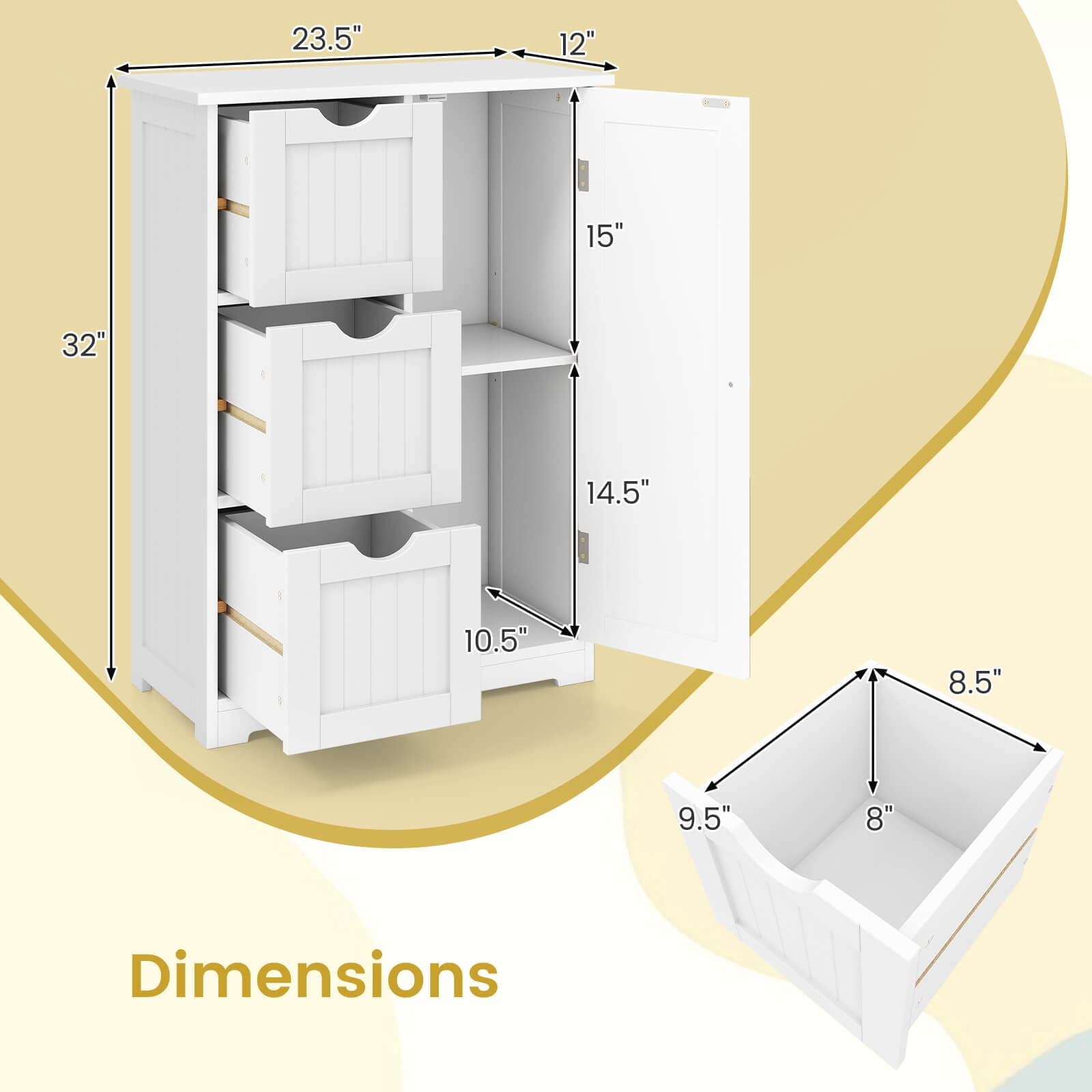 Costway Bathroom Floor Cabinet Side Storage Cabinet with 3 Drawers and 1 Cupboard White