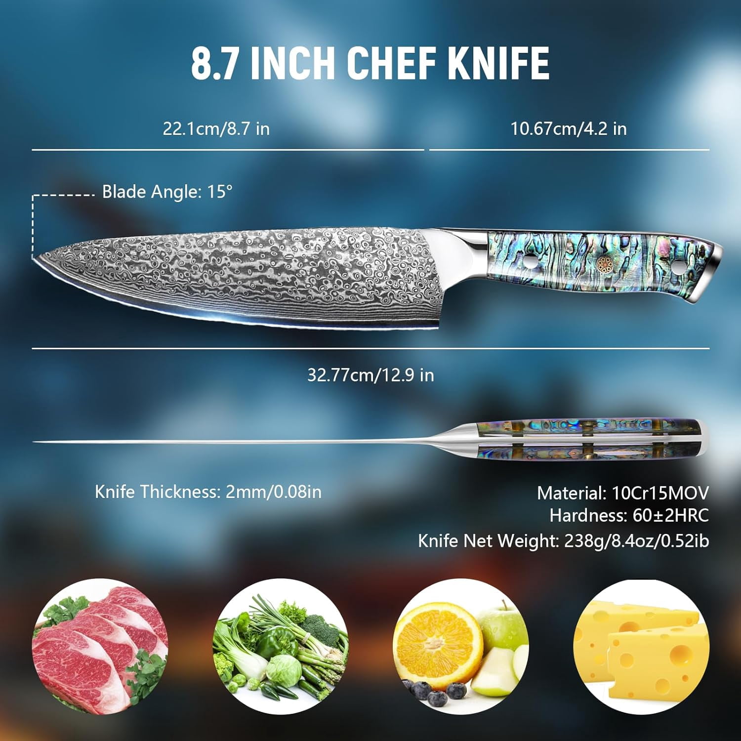 Damascus Steel Chef Knife 8 Inch, Japanese Professional 10Cr15MOV Blade with Hand Forged Hammer Pattern, Ultra Sharp Kitchen Knife with Abalone Shell Ergonomic Handle