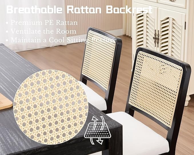 Guyou Farmhouse Rattan Dining Chairs Set of 6, Modern Wooden Kitchen Chairs with Cane Back, Linen Upholstered Dining Room Chairs, Boho Wicker Woven Dining Side Chairs for Dining Room, Beige