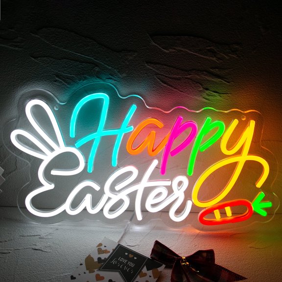 Y YUNHSOM Happy Easter Neon Sign, Rabbit Shape Usb Power Dimmable LED Easter Yard Sign Light foreaster Window Lights for Kids Gifts Bedroom Party Decoration(15.7*8.6 Inch)