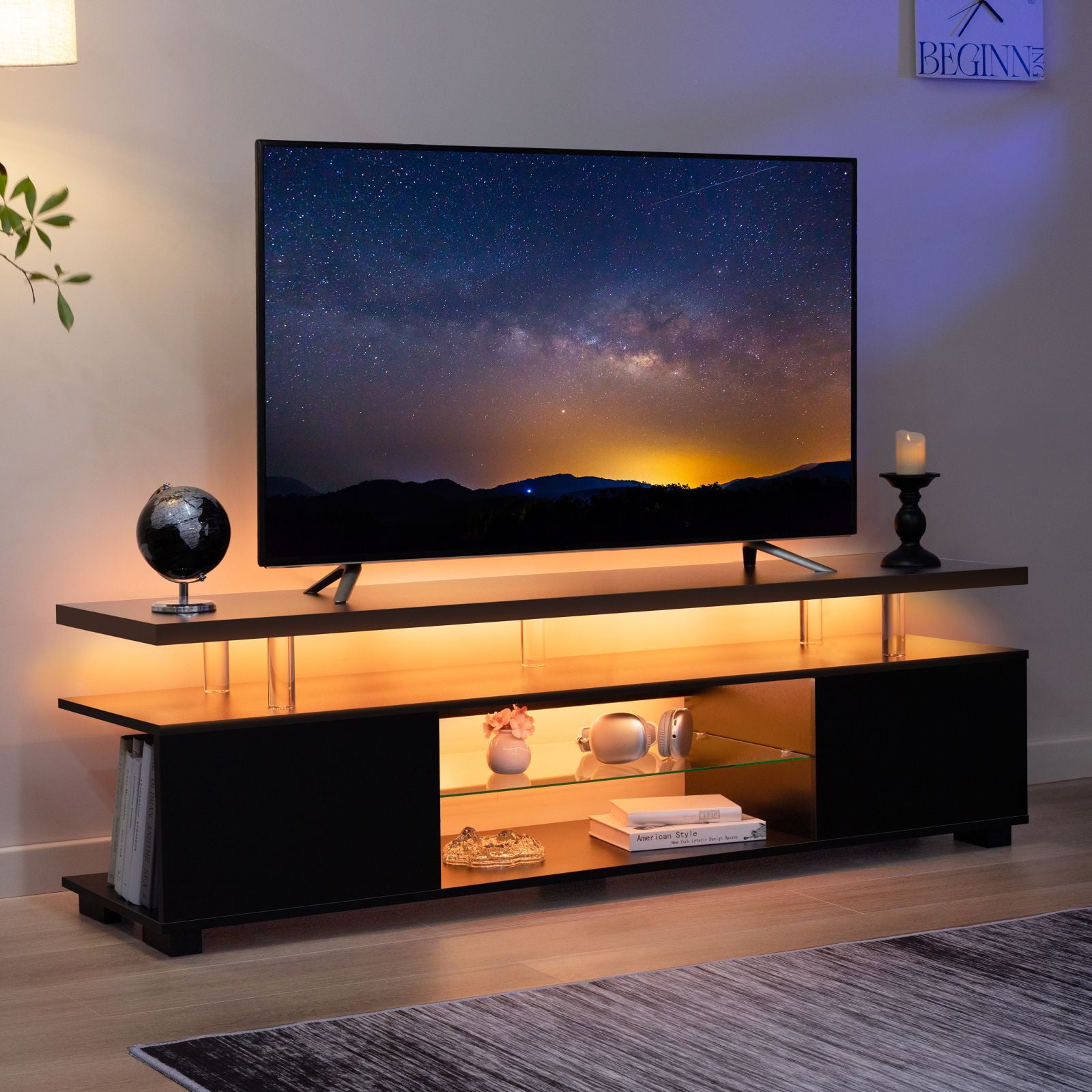 Cubehom 63'' TV Stand for 70 inch TV LED Entertainment Center with Storage, Black