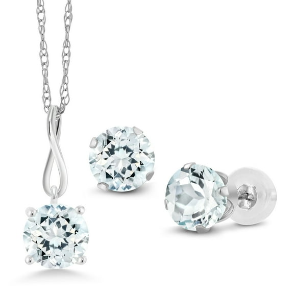 Gem Stone King 10K White Gold 6MM Round Sky Blue Aquamarine Pendant Earrings Set for Women (2.25 Cttw, With 18 inch Chain)