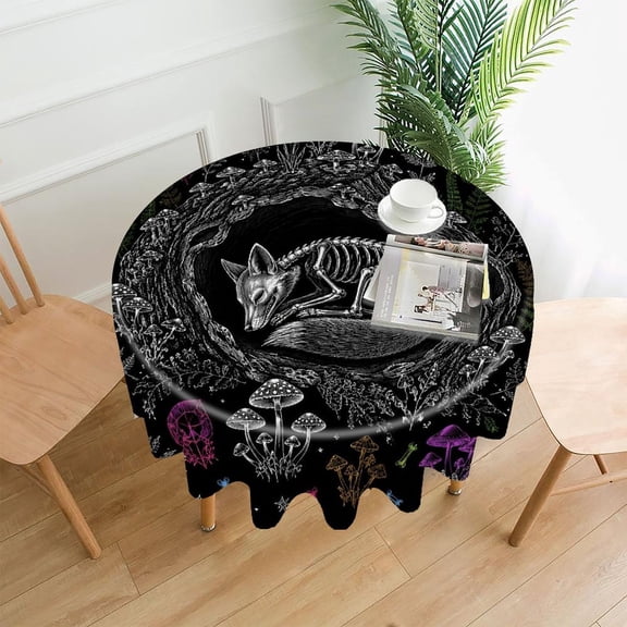 RKSupls 60 Inch Round Tablecloth, Skeleton Fox Hollow Premium Polyester Straight Edge Wrinkle Resistant Washable Table Cover for Party Home Dining Decor