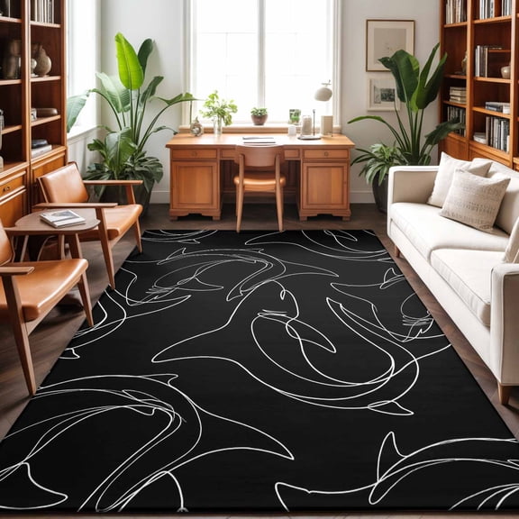 Area Rugs 5'x7', Black Shark Carpet Runner Indoor Outdoor Rugs Home Decor Aesthetic, Black White Line Abstract Art Non Slip Mats Washable Accent Rug for Living Room Bedroom