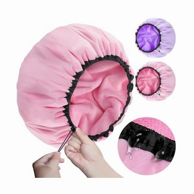 wonima11 2 Pcs 13.5" Dual Waterproof Design Adjustable Terry Shower Cap for Women and Men, EVA Double Layer Bath Cap Reusable for Braids, Long Hair, Dreadlocks