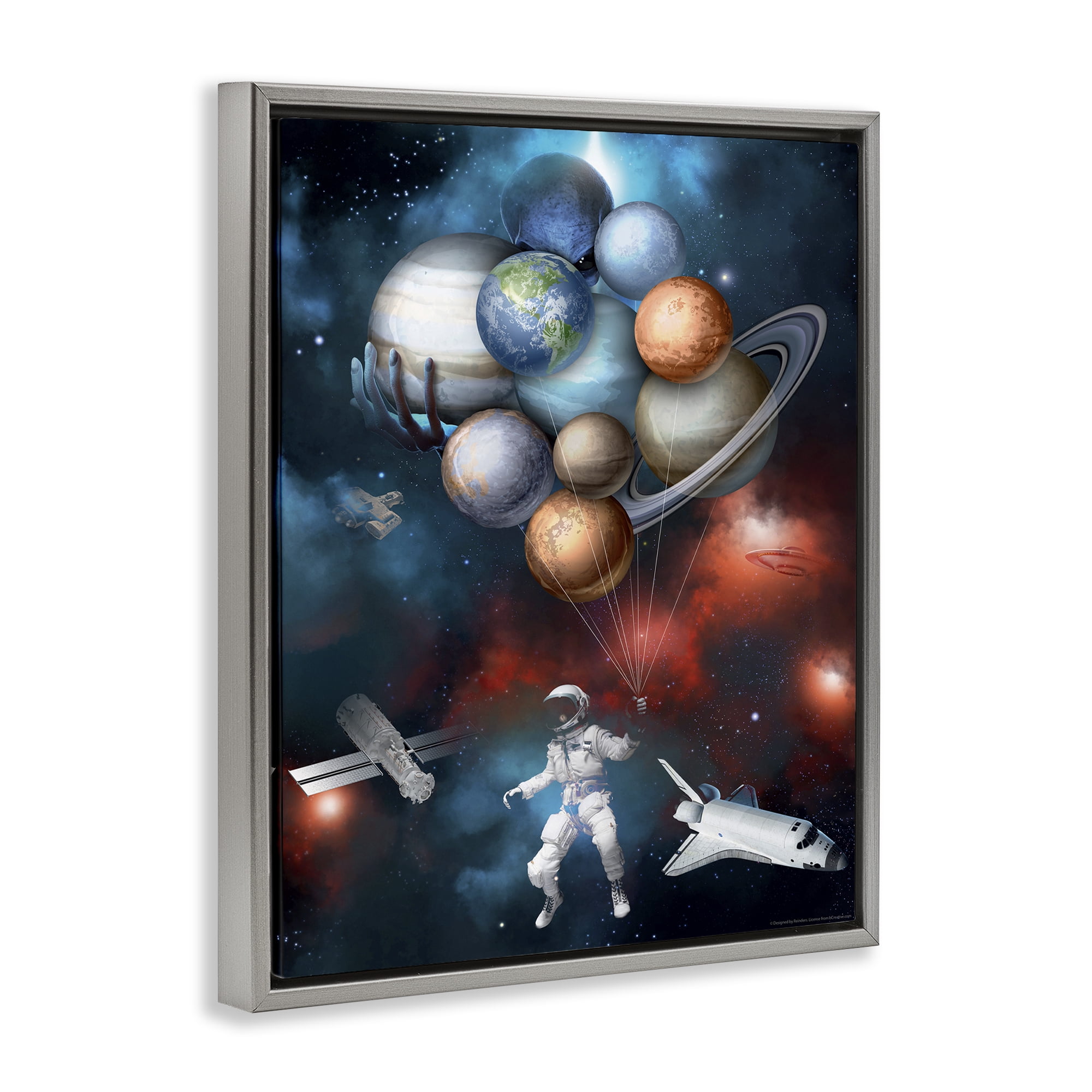 Stupell Industries Planet Balloons in Space Astrology & Stars Painting Gray Floater Framed Canvas Art Print Wall Art, 17 x 21