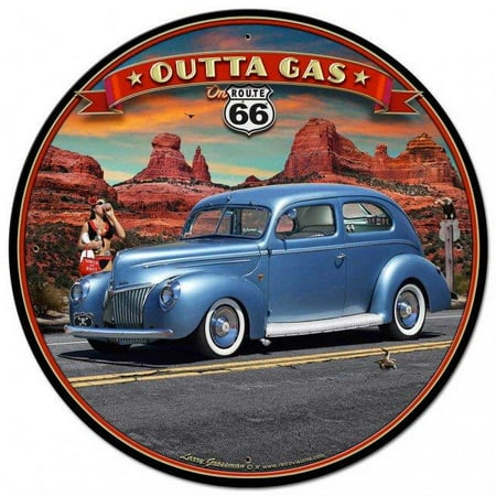 

Past Time Signs LGB129 28 x 28 in. Larry Grossman 1939 Rod Sedan Route 66 Round Sign