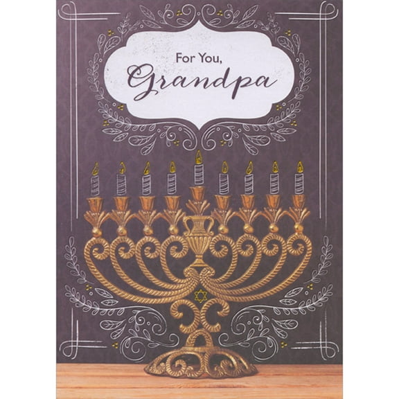 Designer Greetings Elaborate Menorah with Gold Foil Flames on Dark Purple Hanukkah Card for Grandpa
