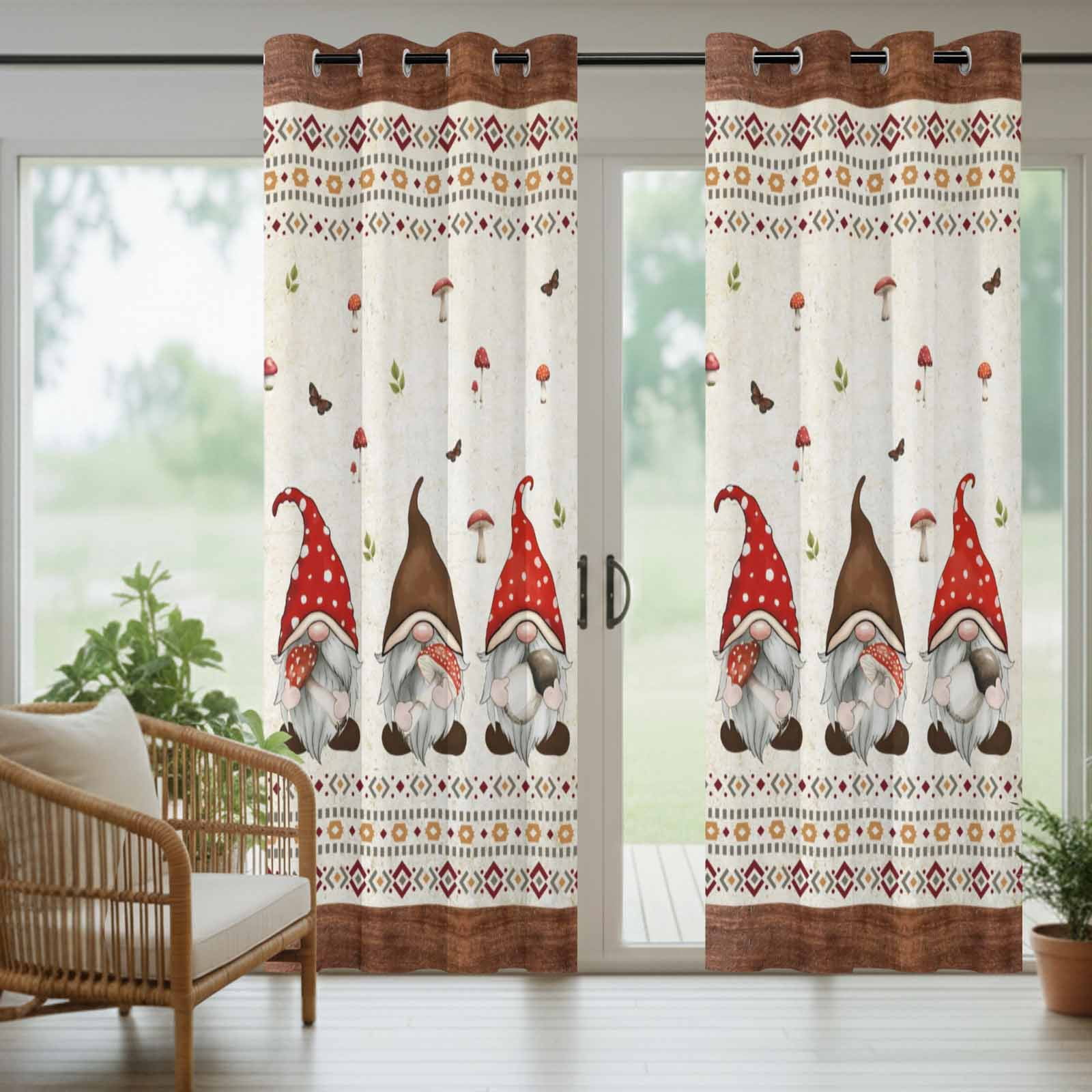 Outdoor Curtains for Patio Waterproof, Boho Gnomes Windproof Pravicy Outside Porch Blackout Curtain, Farmhouse Vintage Geometric Mushroom Brown Sun Blocking Grommets Curtains for Cabana 54"x108"