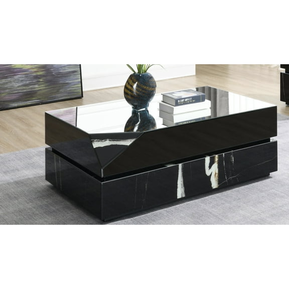 JERFIT Modern Black Mirrored Coffee Table with Tempered Glass Top, Rectangular Accent Table for Living Room