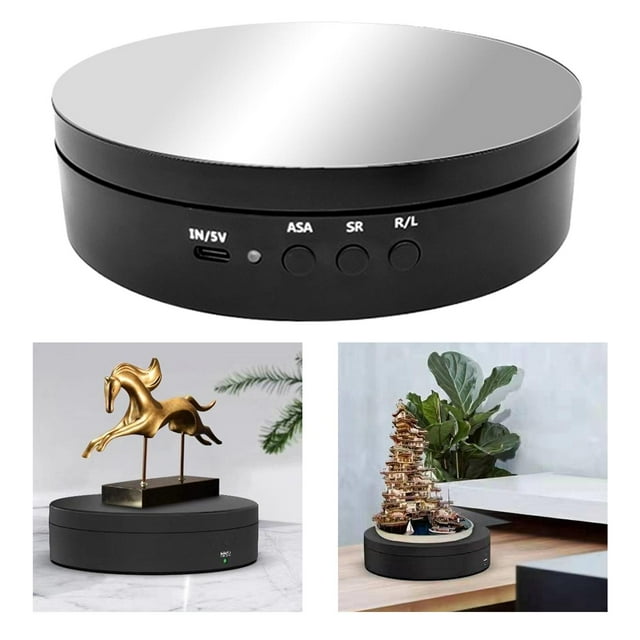 Soporte de exhibición de tocadiscos giratorio eléctrico, 6 pulgadas / 15 cm de diámetro, carga céntrica de 17,6 lb para exhibición de tienda, 3, paste , negro espejado