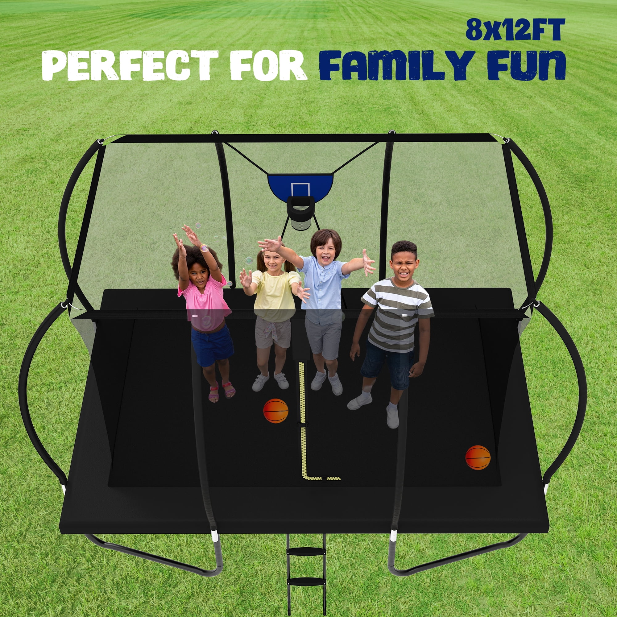 DVH 8x12FT 10x14FT Rectangle Trampoline for Kids and Adults, Big Outdoor Rectangular with Basketball Hoop and LED Light, Large Square Trampoline with Enclosure Net