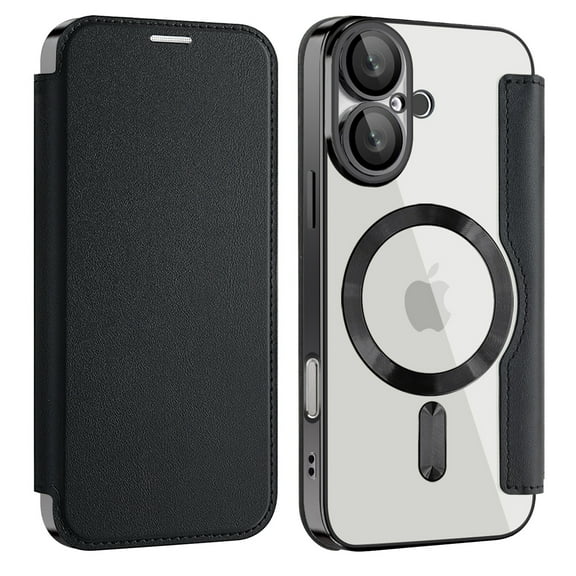 Dteck Leather Wallet Case for iPhone 16e with Card Holder RFID Blocking Compatible with Magsafe TPU Transparent Back Shockproof Protective Phone Case for iPhone 16e,Black