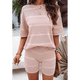 thumbnail image 5 of Conjuntos de Dos Piezas de Crochet para Mujer, Conjuntos Verano para Estar en Casa, Camisetas Corta y Pantalones Cortos, Conjunto de Playa para Vacaciones de Verano Caqui XL, 5 of 7