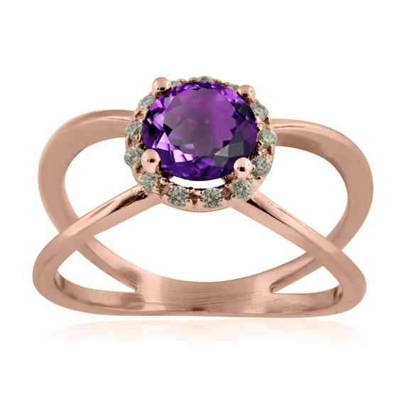 0.85 Carat 6MM Round Amethyst And Diamond Ring In 10K Solid Rose, White & Yellow Gold