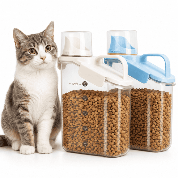 2 Pack 2.8L 94oz Airtight BPA Free Dry Pet Food Storage Dispenser with Measuring Cup and Pour Spout (Blue & White)