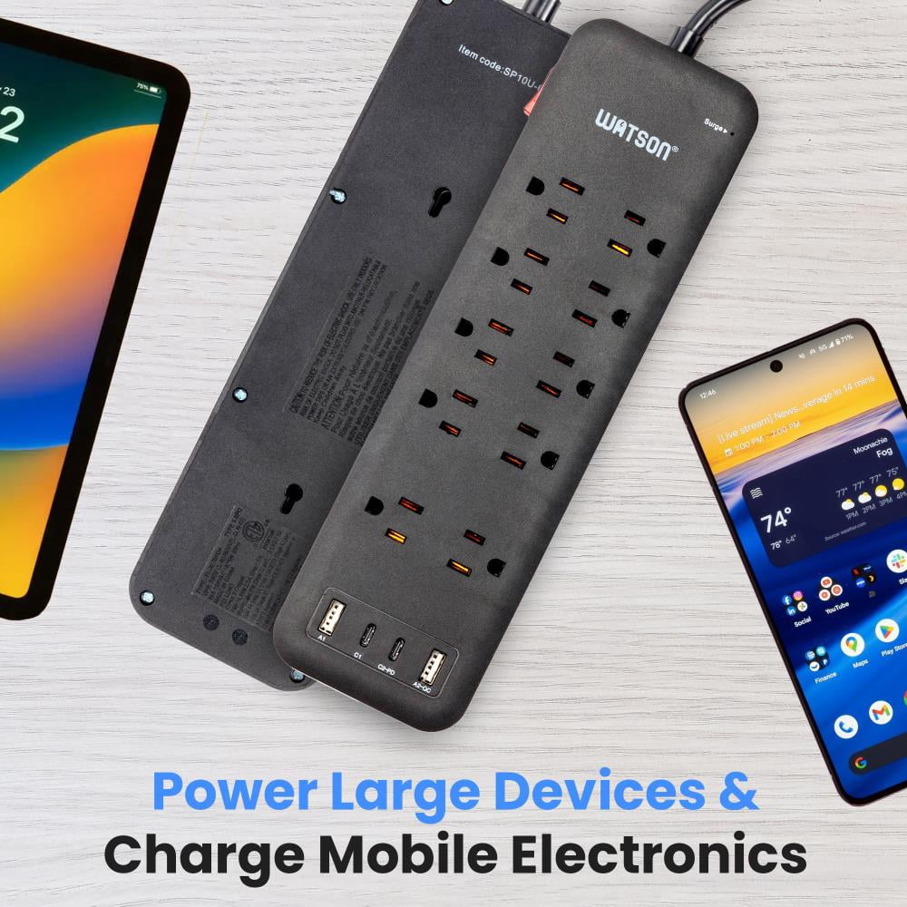 10-Outlet Surge Protector with 2 USB-C & 2 USB-A Ports, 2450 Joules, 6' Cord, LED Indicator – Power Strip for Home and Office Use by Watson(Black)