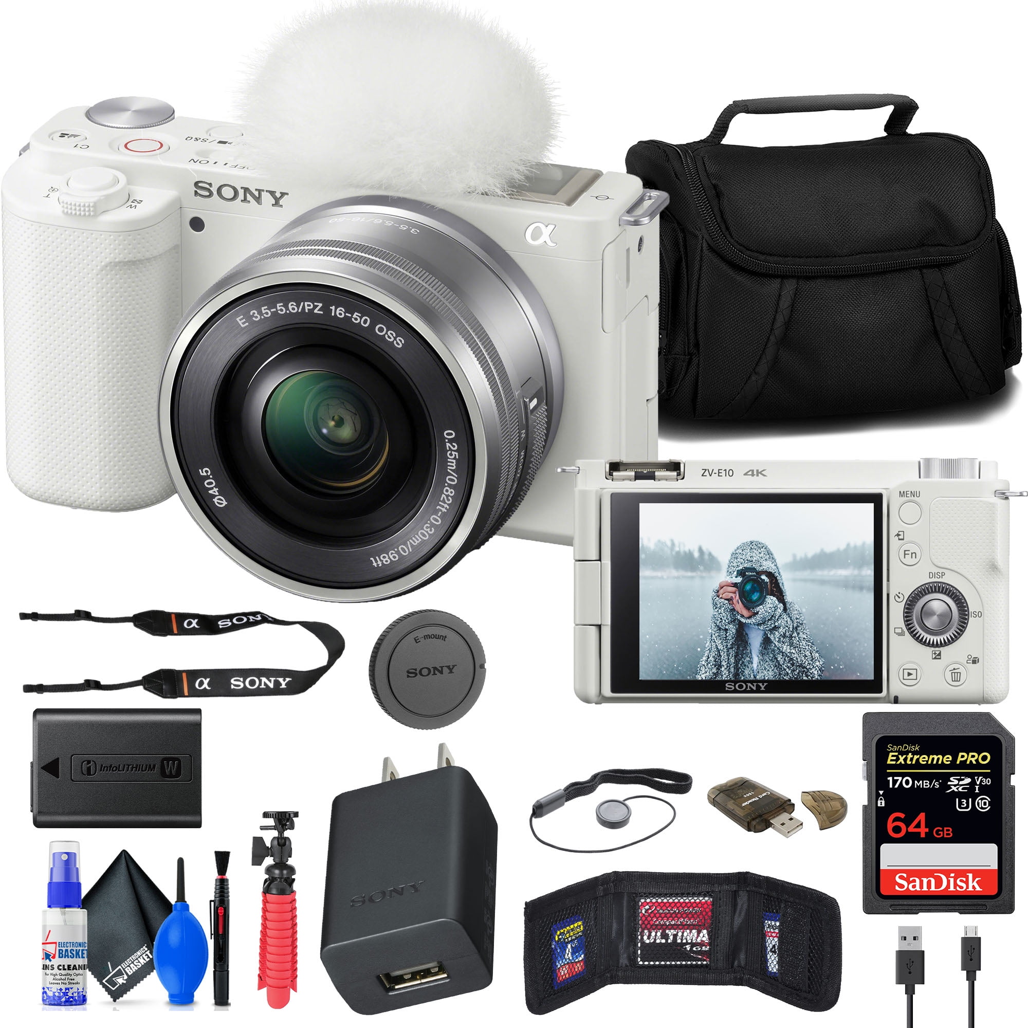 Sony ZVE10 Mirrorless Camera with 1650mm Lens (White) (ILCZVE10L/W) + 64GB Memory Card + Card