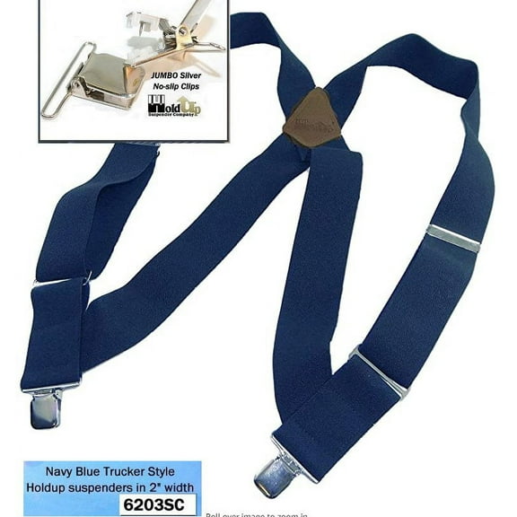 Navy Blue 2" Wide Hip-Clip Suspenders with Patented silver-tone no-slip jumbo clips