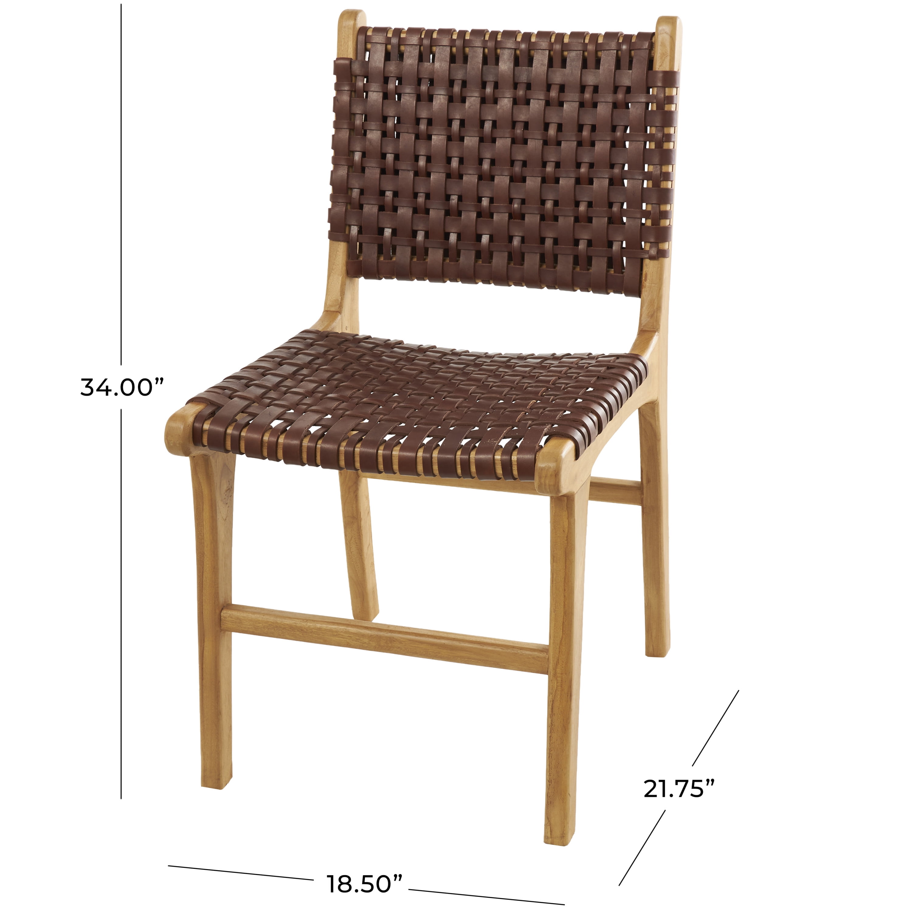 DecMode Leather Handmade Woven Lounge Chair with Teak Wood Frame, Dark Brown, Set of 2
