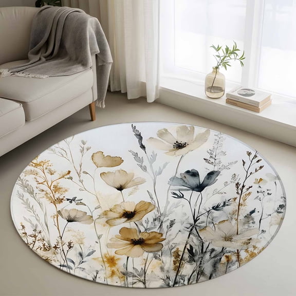 Round Rugs 4Ft, Brown Retro Floral Round Area Rug Washable Indoor Throw Carpet, Spring Botanical Wildflowers Soft Non Slip Circle Rug for Kitchen Nursery Room Home Decor Aesthetic