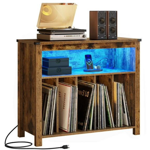 DWVO Turntable Stand Holds up to 200 Albums, Large Record Player Stand with Power Outlets & LED Lights, Brown