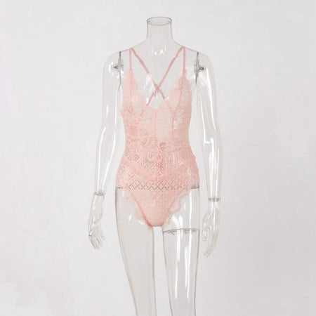 Women One Piece Lingerie Deep V Teddy Sexy Lace Bodysuit Open Back S-XXL (Pink XL)