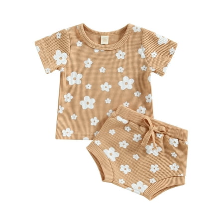

Wassery 2Pcs Baby Girl Outfits Waffle Knit Floral Short Sleeve T-Shirt Top and Elastic Waist Shorts Outfit Set 0-18M