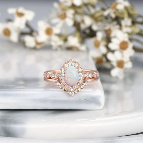 Unique Oval Cut White Opal Engagement Ring Set, Vintage Rose Gold Opal Bridal Wedding Set, Opal Promise Anniversary Halo Ring Gift for women