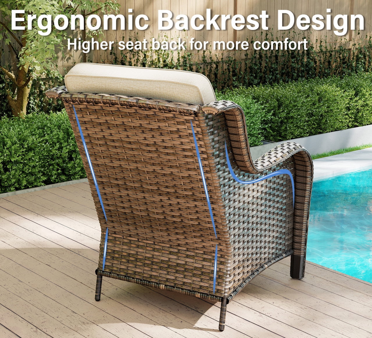 Meetleisure 3 Piece Wicker Patio Furniture Set, Rattan Chairs with 3-Seater Sofa, High Back, Deep Seating, Wide Armrest, Thick Cushions for Deck Porch, Beige