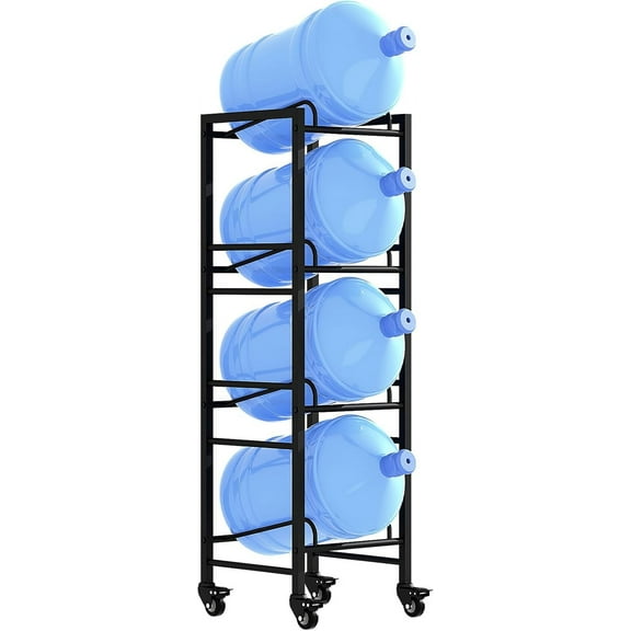 4 Tier 5 Gallon Water Jug Holder with 4 Lockable Wheels - Water Bottle Rack Organizer with Movable Casters, Heavy Duty Water Storage Rack Dispenser Stand for Kitchen Office Garage/Black