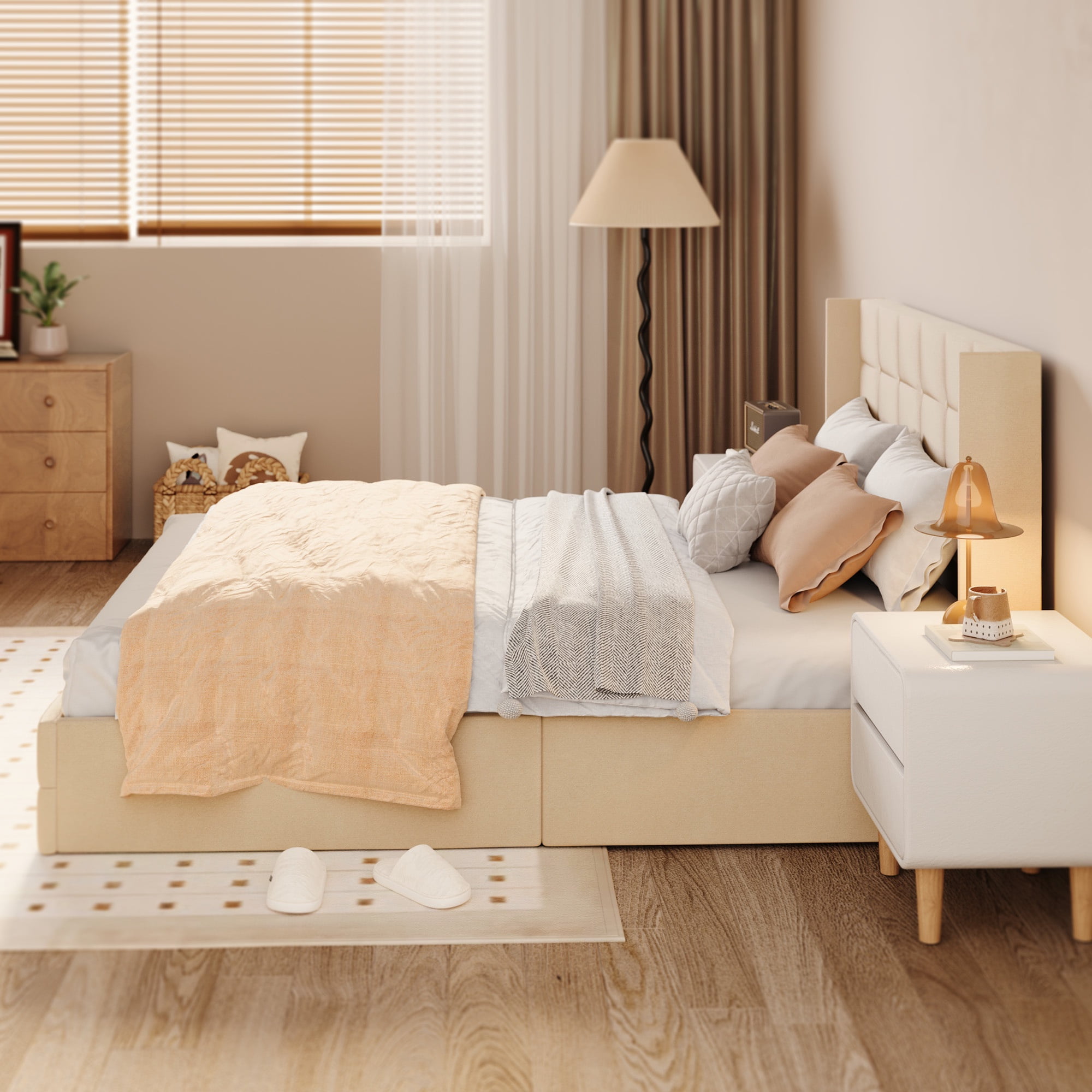 Asofer Queen Storage Bed Frame with Hydraulic Lift, Upholstered Headboard & Wood Slats, Beige