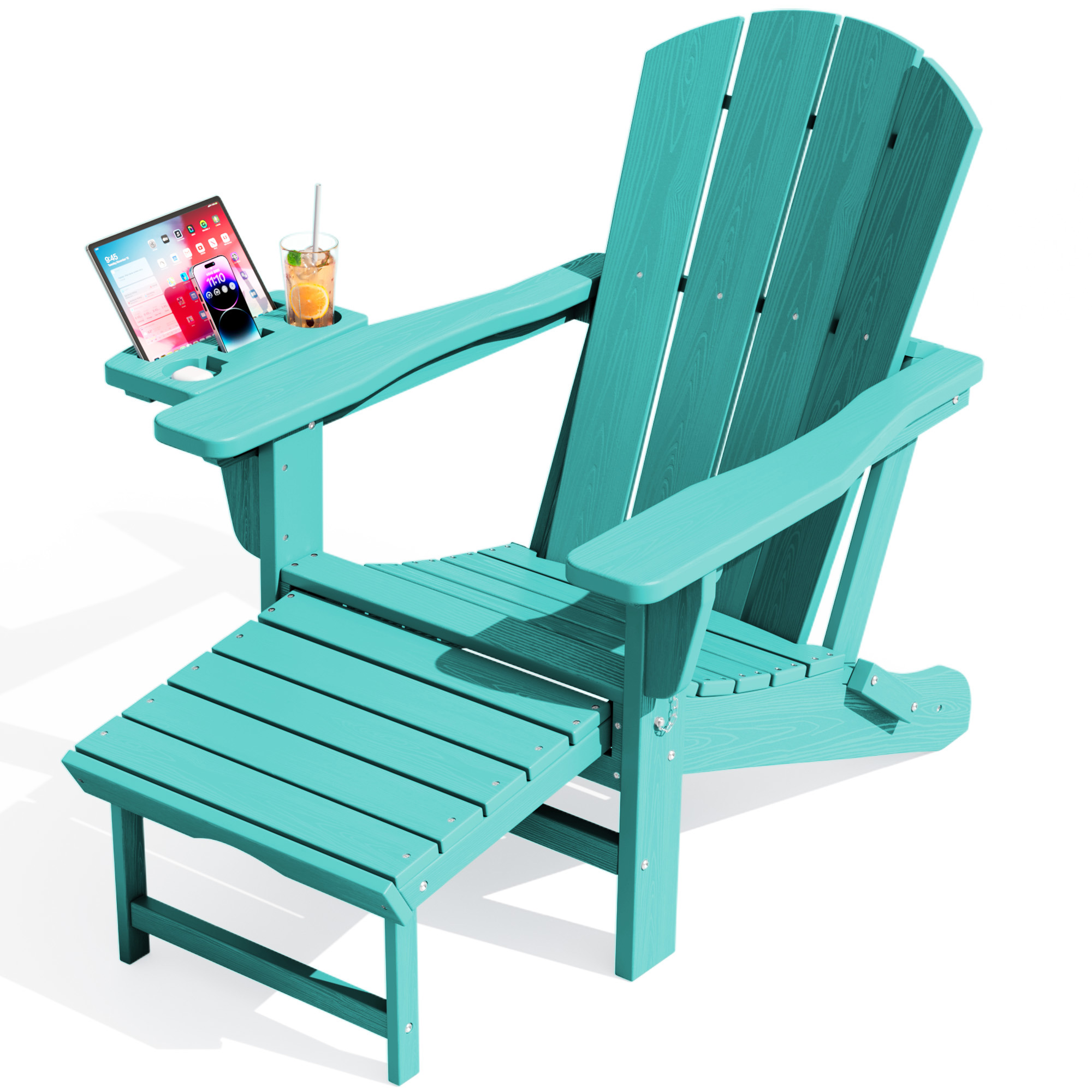 KINGYES Folding Adirondack Chair, Adjustable Backrest with Pull-Out Footrest & 4-in-1 Mobile Phone, Tablet, Cup Holder Tray, HDPE Plastic Adirondack Chair for Patio Garden Outdoors Fire Pit