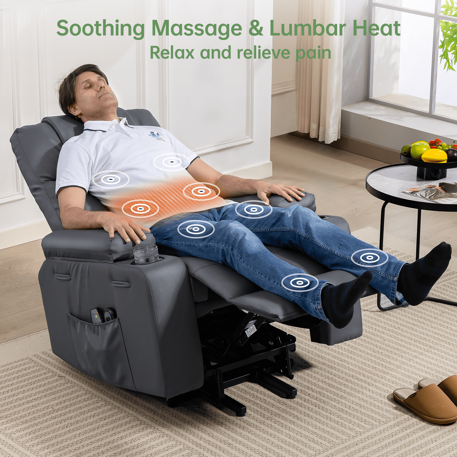 Power Lift Recliner Chair for Elderly with Heat & Massage, 160° Electric Adjustable PU Leather Recliner Sofa with Remote Control, Stand Assist, Cup Holder & Side Pockets for Living Room (Grey)