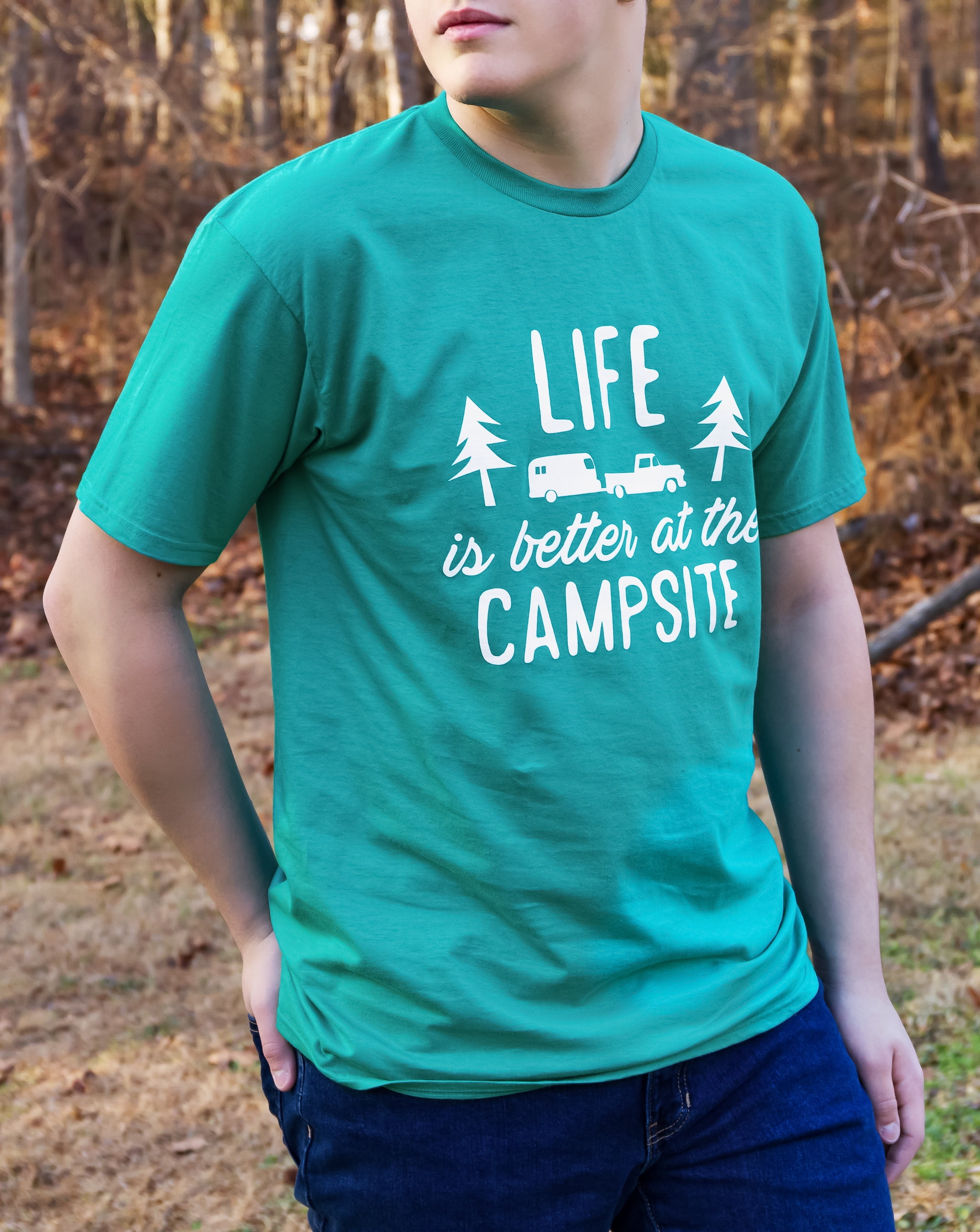 53400 Camco Red Life is Better T-Shirt-Provides Softer Comfort and a Non-Restrictive Fit-Features Raised at The Campsite Printed Graphic Size Youth X-Small 