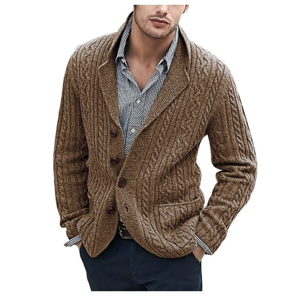 Cardigans for Men Ribbed Knit Peak Collar Sweater V-Neck Button Down Long Sleeve Heavyweight Jackets with Pockets
