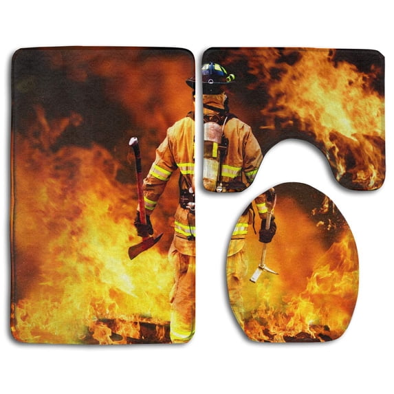 GOHAO Fire Fighter 3 Piece Bathroom Rugs Set Bath Rug Contour Mat and Toilet Lid Cover