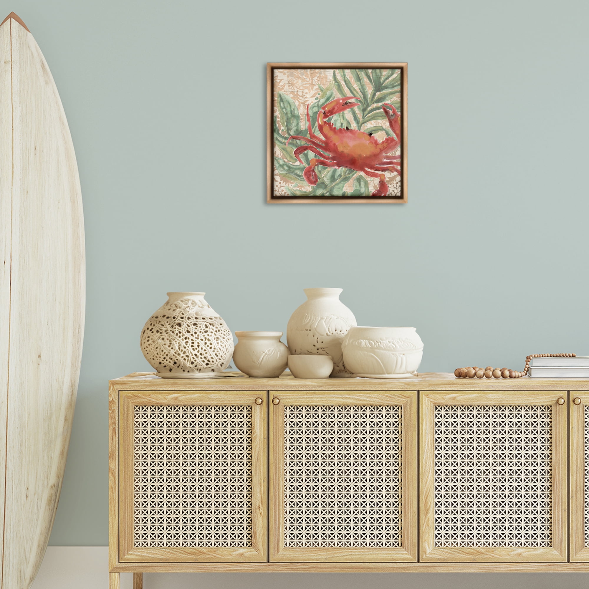 Stupell Industries Crab on Palm Leaves Animals & Insects Painting Brown Floater Framed Canvas Art Print Wall Art, 18 x 18