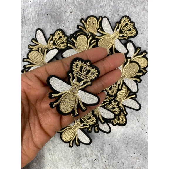 Small "Bee w/Crown" 1-pc, Metallic Gold, Jacket Patch, Embroidered Applique Iron On Patch, Size 1.75", Patch for Hats and Crocs