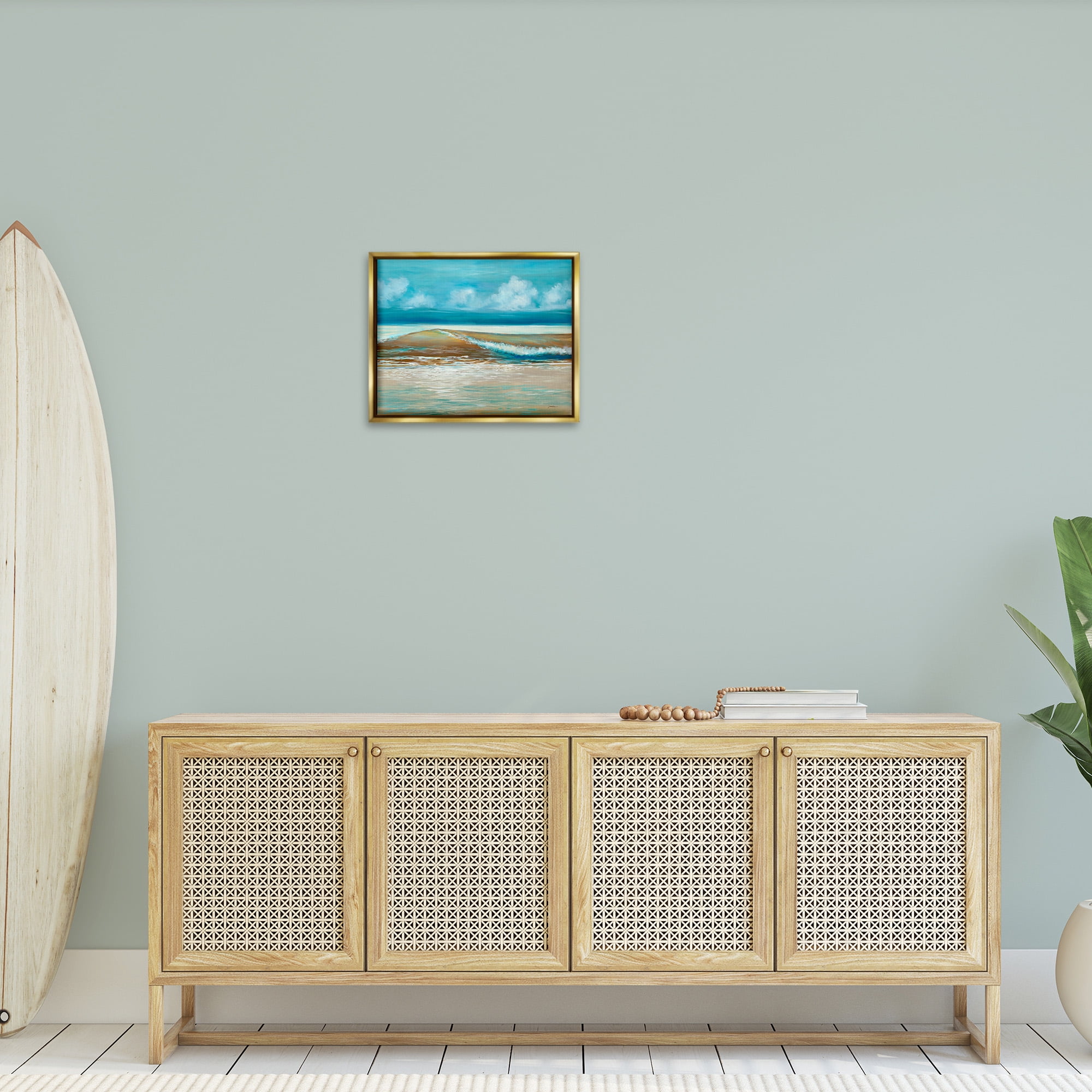 Stupell Industries Modern Rolling Sea Waves Landscape Painting Gold Floater Framed Canvas Art Print Wall Art, 21 x 17