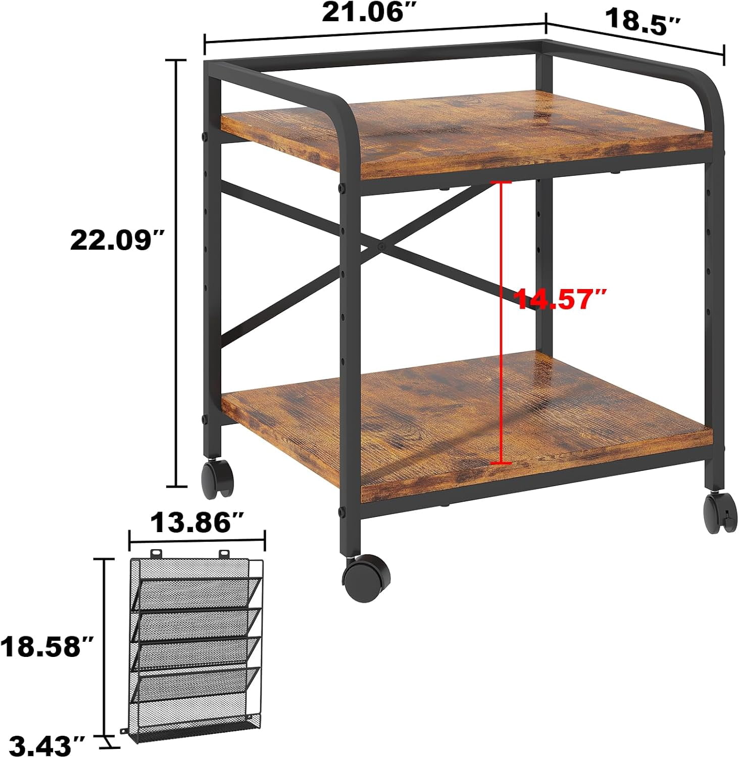 POAO Large Printer Stand with File Holder Organizer,Adjustable Height Shelf with Wheels,Rolling Printer Cart with Storage for Home Office,Rustic Brown