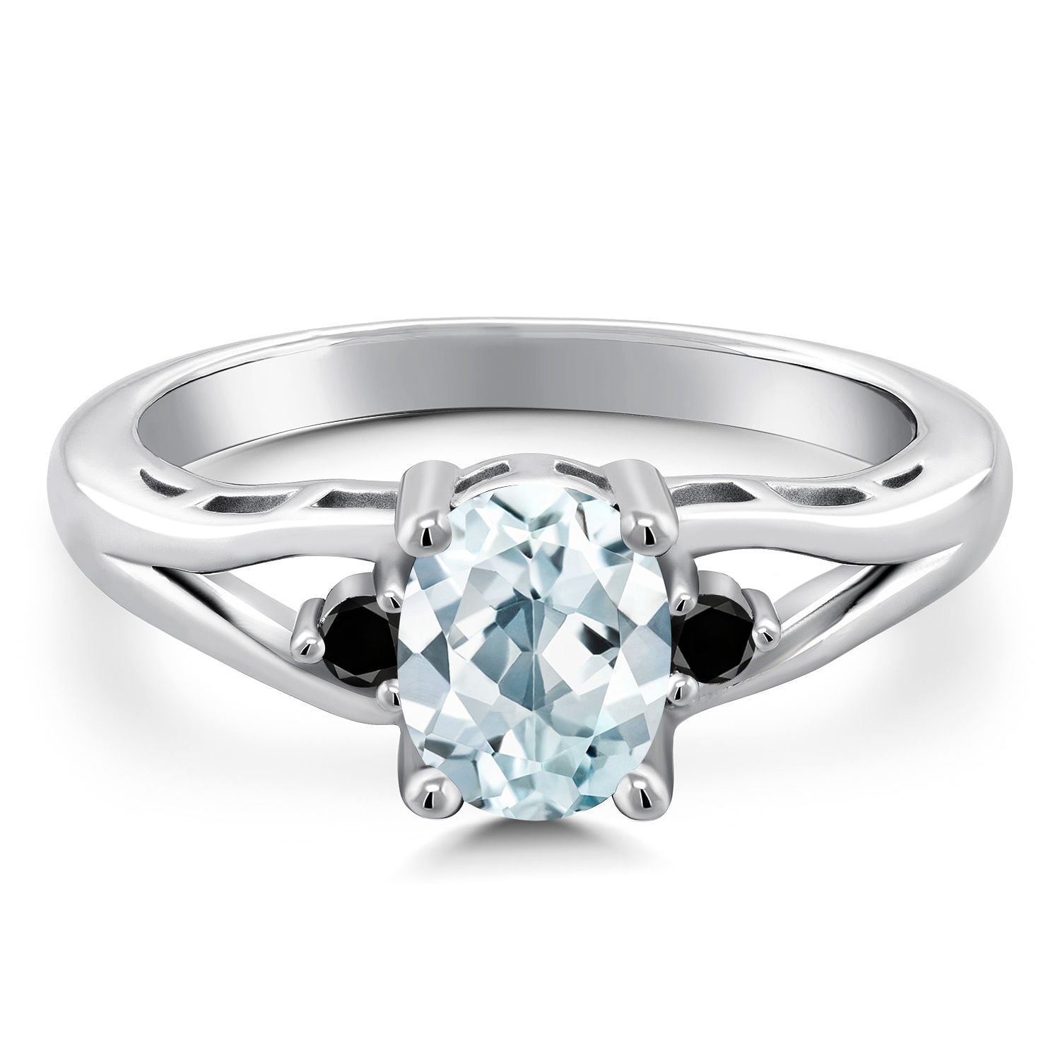 Gem Stone King 925 Sterling Silver Sky Blue Aquamarine and Black Diamond 3 Stone Engagement Ring for Women | 1.27 Cttw | Oval 8X6MM | Round 2MM | Gemstone March Birthstone | Size 9