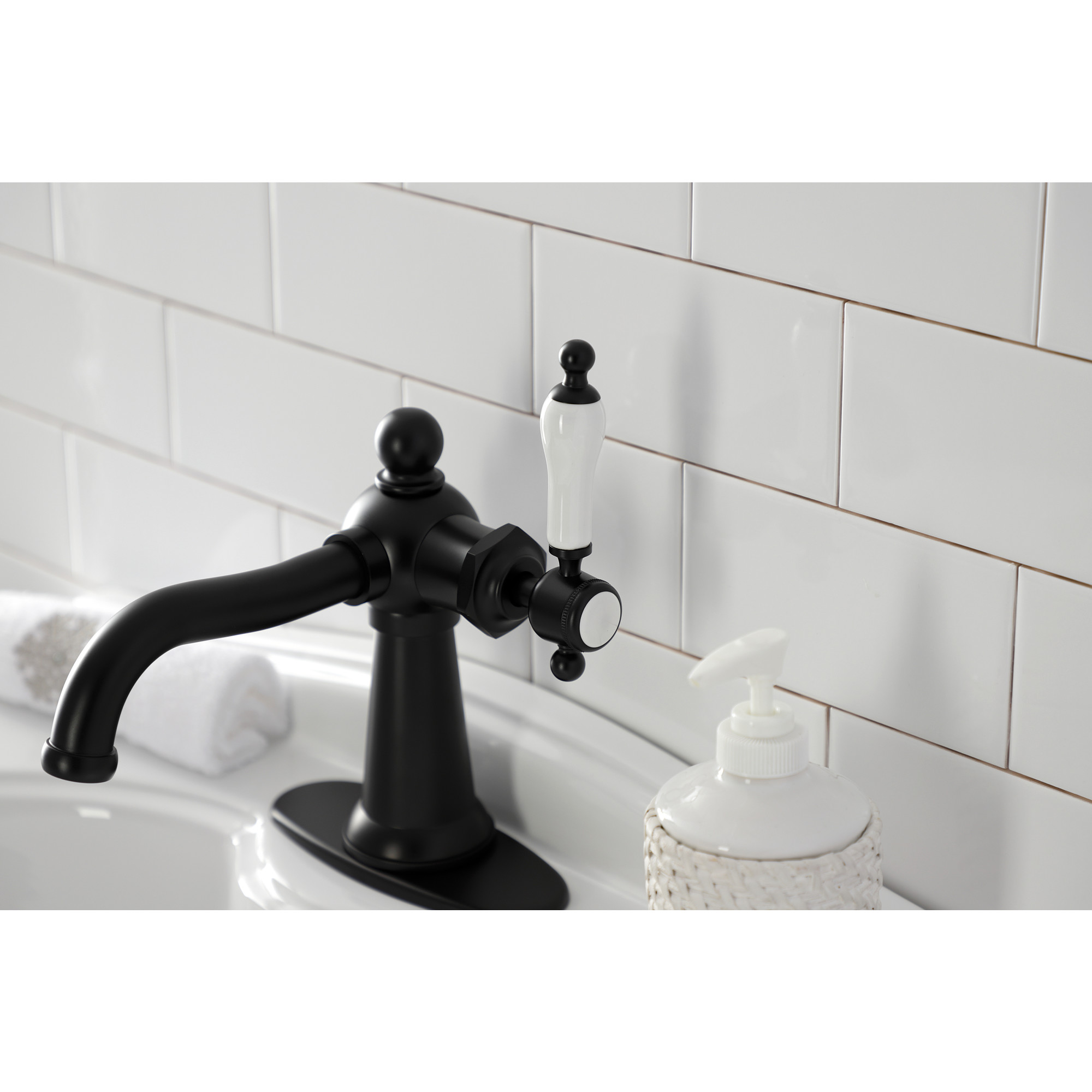 Kingston Brass KSD154KLMB Nautical One-Handle Single-Hole Bathroom Faucet with Deck Plate and Push Pop-Up Drain, Matte Black