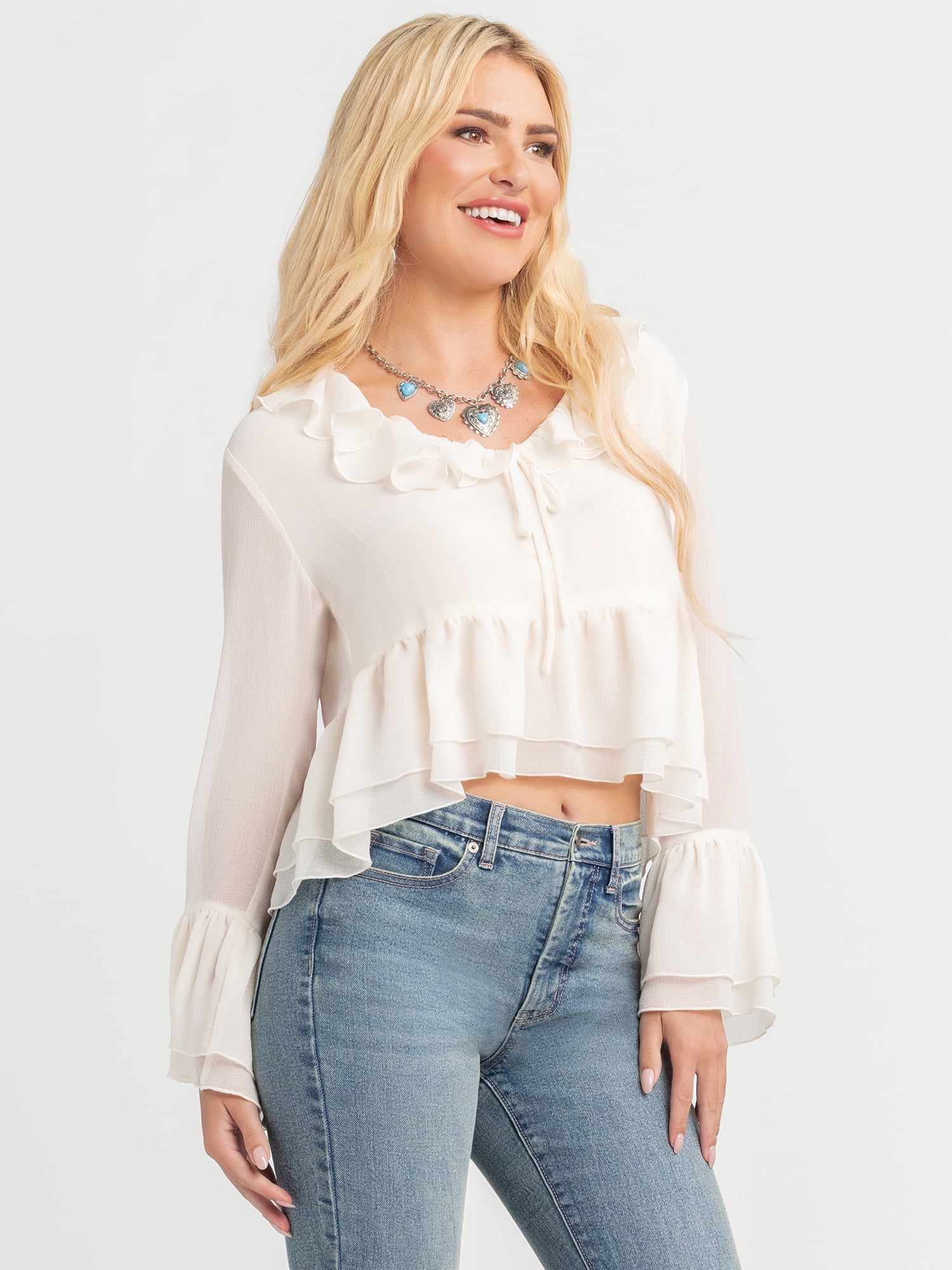 Jessica Simpson Women's Stayce Cropped Ruffle Top with Long Sleeves, Sizes XS-XL