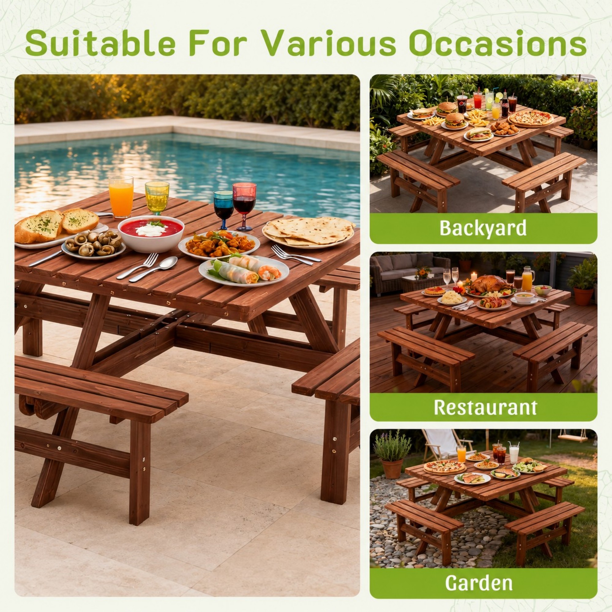 DEALTOPS 6-Person Solid Wood Triangular Picnic Table Set with 3 Benches & Umbrella Hole, Brown & Black