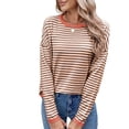 thumbnail image 3 of Women'S Casual Striped Crewneck Sweaters Color Block Long Sleeve Knitted Sweater Tops Khaki Orange S, 3 of 9